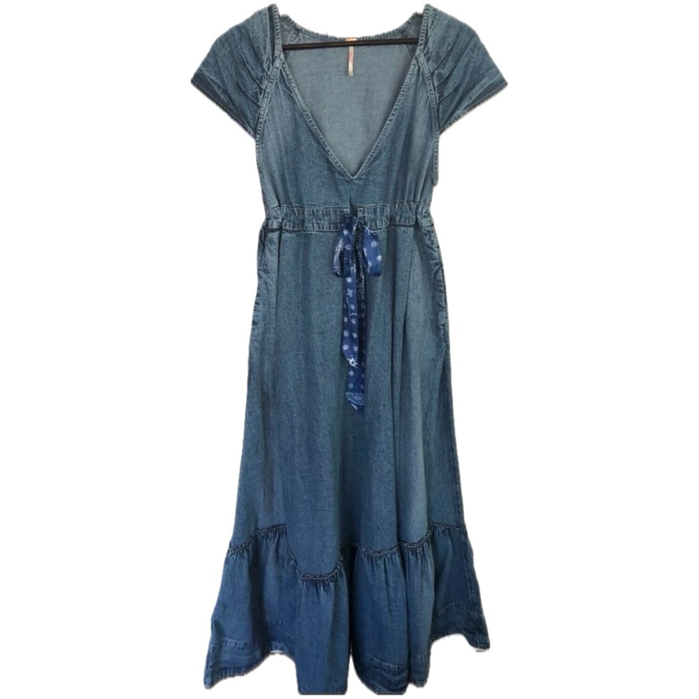 Free People Blue Denim Maxi Dress with Bandana Tie - Picture 5 of 9